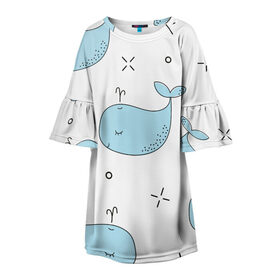 Детское платье 3D с принтом Маленькие киты в Тюмени, 100% полиэстер | прямой силуэт, чуть расширенный к низу. Круглая горловина, на рукавах — воланы | детский | кит | маленький | море | морской | прикольный | рисунок | рыбы | скетч