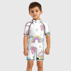 Детский купальный костюм 3D с принтом Кавайный розовый узор в Тюмени, Полиэстер 85%, Спандекс 15% | застежка на молнии на спине | бриллиант | детский | кавайный | капкейк | панда | паттерн | радуга | розовый | узор | фламинго
