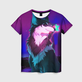 Женская футболка 3D с принтом Сказочный волк в Тюмени, 100% полиэфир ( синтетическое хлопкоподобное полотно) | прямой крой, круглый вырез горловины, длина до линии бедер | wolf | бабочка | волк | волки | волшебный волк | животные | звери | магический волк