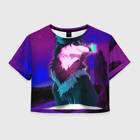 Женская футболка Crop-top 3D с принтом Сказочный волк в Тюмени, 100% полиэстер | круглая горловина, длина футболки до линии талии, рукава с отворотами | wolf | бабочка | волк | волки | волшебный волк | животные | звери | магический волк