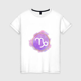 Женская футболка хлопок с принтом Козерог - космос в Тюмени, 100% хлопок | прямой крой, круглый вырез горловины, длина до линии бедер, слегка спущенное плечо | восточный | знак | знак зодиака | зодиак | козерог | космос | небо | подарок | фиолетовый