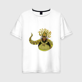Женская футболка хлопок Oversize с принтом Горгона в Тюмени, 100% хлопок | свободный крой, круглый ворот, спущенный рукав, длина до линии бедер
 | змея | магия | полужаба | фэнтези | яд