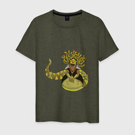 Мужская футболка хлопок с принтом Горгона в Тюмени, 100% хлопок | прямой крой, круглый вырез горловины, длина до линии бедер, слегка спущенное плечо. | змея | магия | полужаба | фэнтези | яд