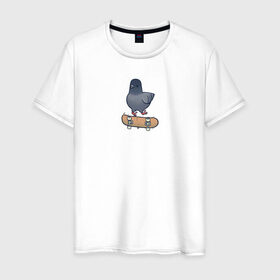 Мужская футболка хлопок с принтом Голубь скейтбордист в Тюмени, 100% хлопок | прямой крой, круглый вырез горловины, длина до линии бедер, слегка спущенное плечо. | Тематика изображения на принте: голубь | курлык | птица | скейт | экстрим