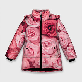Зимняя куртка для девочек 3D с принтом Розовые Розы в Тюмени, ткань верха — 100% полиэстер; подклад — 100% полиэстер, утеплитель — 100% полиэстер. | длина ниже бедра, удлиненная спинка, воротник стойка и отстегивающийся капюшон. Есть боковые карманы с листочкой на кнопках, утяжки по низу изделия и внутренний карман на молнии. 

Предусмотрены светоотражающий принт на спинке, радужный светоотражающий элемент на пуллере молнии и на резинке для утяжки. | pink | rose | день святого валентина | красивый | любовь | прекрасный | роза | цветок | цветы
