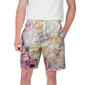Мужские шорты 3D с принтом Нежные Цветы в Тюмени,  полиэстер 100% | прямой крой, два кармана без застежек по бокам. Мягкая трикотажная резинка на поясе, внутри которой широкие завязки. Длина чуть выше колен | белый | розовый | розы | сирень | цветок