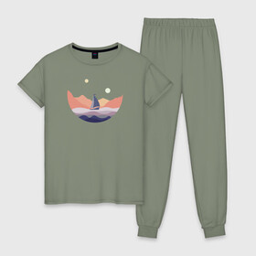 Женская пижама хлопок с принтом Яхта в океане в Тюмени, 100% хлопок | брюки и футболка прямого кроя, без карманов, на брюках мягкая резинка на поясе и по низу штанин | лодка | море | океан | путешествия | яхта | яхтинг