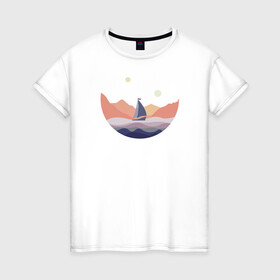 Женская футболка хлопок с принтом Яхта в океане в Тюмени, 100% хлопок | прямой крой, круглый вырез горловины, длина до линии бедер, слегка спущенное плечо | лодка | море | океан | путешествия | яхта | яхтинг