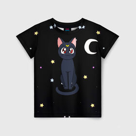 Детская футболка 3D с принтом Луна в Тюмени, 100% гипоаллергенный полиэфир | прямой крой, круглый вырез горловины, длина до линии бедер, чуть спущенное плечо, ткань немного тянется | sailor moon. кот луна | кот | кошка | луна | сейлор мун | сейлормун