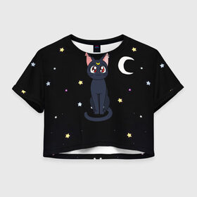 Женская футболка Crop-top 3D с принтом Луна в Тюмени, 100% полиэстер | круглая горловина, длина футболки до линии талии, рукава с отворотами | sailor moon. кот луна | кот | кошка | луна | сейлор мун | сейлормун