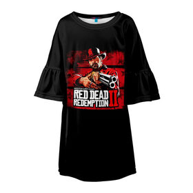 Детское платье 3D с принтом red dead redemption 2 в Тюмени, 100% полиэстер | прямой силуэт, чуть расширенный к низу. Круглая горловина, на рукавах — воланы | action | red dead redemption 2 | rockstar games | вестерн | игра | ковбой | ружье | стрелялка | экшен