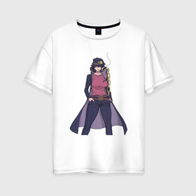 Женская футболка хлопок Oversize с принтом Девушка ДжоДжо в Тюмени, 100% хлопок | свободный крой, круглый ворот, спущенный рукав, длина до линии бедер
 | аниме | арт | девушка | джо джо | джоджо | плащ | рисунок | цепь