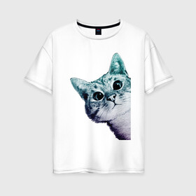 Женская футболка хлопок Oversize с принтом Любопытный кот в Тюмени, 100% хлопок | свободный крой, круглый ворот, спущенный рукав, длина до линии бедер
 | cat | домашние животные | животные | звери | кат | кот | котенок | коты | кошка