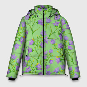 Мужская зимняя куртка 3D с принтом Колокольчики на зеленом фоне в Тюмени, верх — 100% полиэстер; подкладка — 100% полиэстер; утеплитель — 100% полиэстер | длина ниже бедра, свободный силуэт Оверсайз. Есть воротник-стойка, отстегивающийся капюшон и ветрозащитная планка. 

Боковые карманы с листочкой на кнопках и внутренний карман на молнии. | Тематика изображения на принте: 8 марта | flowers | summer | зеленый | колокольчики | лето | праздник | природа | растения | фиолетовый | цветы
