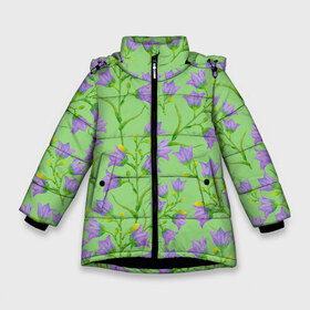 Зимняя куртка для девочек 3D с принтом Колокольчики на зеленом фоне в Тюмени, ткань верха — 100% полиэстер; подклад — 100% полиэстер, утеплитель — 100% полиэстер. | длина ниже бедра, удлиненная спинка, воротник стойка и отстегивающийся капюшон. Есть боковые карманы с листочкой на кнопках, утяжки по низу изделия и внутренний карман на молнии. 

Предусмотрены светоотражающий принт на спинке, радужный светоотражающий элемент на пуллере молнии и на резинке для утяжки. | 8 марта | flowers | summer | зеленый | колокольчики | лето | праздник | природа | растения | фиолетовый | цветы