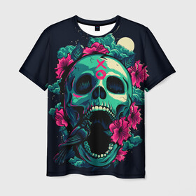 Мужская футболка 3D с принтом Череп с Цветами в Тюмени, 100% полиэфир | прямой крой, круглый вырез горловины, длина до линии бедер | skulls | xo | букет | градиент | животные | луна | мозги | полосы | природа | птицы | розы | скелет | текстура | узор | хо | цветы | черепа | черный | яркий