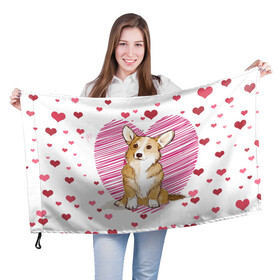 Флаг 3D с принтом Корги в Тюмени, 100% полиэстер | плотность ткани — 95 г/м2, размер — 67 х 109 см. Принт наносится с одной стороны | dog | для девушек | дог | животные | корги | пес | розовый | сердечки | собака