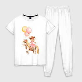 Женская пижама хлопок с принтом Девочка-ковбой в Тюмени, 100% хлопок | брюки и футболка прямого кроя, без карманов, на брюках мягкая резинка на поясе и по низу штанин | девочка | день рождения | ковбой | конь | лошадь | няшность | шарики