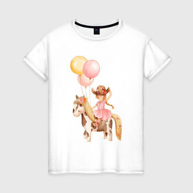Женская футболка хлопок с принтом Девочка-ковбой в Тюмени, 100% хлопок | прямой крой, круглый вырез горловины, длина до линии бедер, слегка спущенное плечо | девочка | день рождения | ковбой | конь | лошадь | няшность | шарики