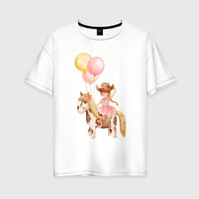 Женская футболка хлопок Oversize с принтом Девочка-ковбой в Тюмени, 100% хлопок | свободный крой, круглый ворот, спущенный рукав, длина до линии бедер
 | девочка | день рождения | ковбой | конь | лошадь | няшность | шарики