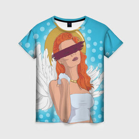 Женская футболка 3D с принтом Angel в Тюмени, 100% полиэфир ( синтетическое хлопкоподобное полотно) | прямой крой, круглый вырез горловины, длина до линии бедер | pop art | popart | ангел | девушка | зима | крылья | нимб | поп арт | рождественский ангел | рыжая девушка