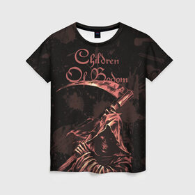 Женская футболка 3D с принтом Children of Bodom Reaper в Тюмени, 100% полиэфир ( синтетическое хлопкоподобное полотно) | прямой крой, круглый вырез горловины, длина до линии бедер | children of bodom | дети озера бодом | дэт метал | жнец | коса | череп