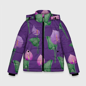 Зимняя куртка для мальчиков 3D с принтом Антуриумы на фиолетовом фоне в Тюмени, ткань верха — 100% полиэстер; подклад — 100% полиэстер, утеплитель — 100% полиэстер | длина ниже бедра, удлиненная спинка, воротник стойка и отстегивающийся капюшон. Есть боковые карманы с листочкой на кнопках, утяжки по низу изделия и внутренний карман на молнии. 

Предусмотрены светоотражающий принт на спинке, радужный светоотражающий элемент на пуллере молнии и на резинке для утяжки | Тематика изображения на принте: 8 марта | flowers | summer | антуриумы | весна | зеленый | лето | листья | праздник | природа | растения | фиолетовый | цветы