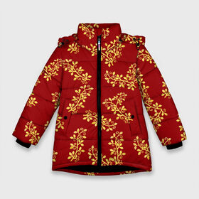 Зимняя куртка для девочек 3D с принтом Золотые веточки на красном в Тюмени, ткань верха — 100% полиэстер; подклад — 100% полиэстер, утеплитель — 100% полиэстер. | длина ниже бедра, удлиненная спинка, воротник стойка и отстегивающийся капюшон. Есть боковые карманы с листочкой на кнопках, утяжки по низу изделия и внутренний карман на молнии. 

Предусмотрены светоотражающий принт на спинке, радужный светоотражающий элемент на пуллере молнии и на резинке для утяжки. | 8 марта | flowers | summer | весна | веточки | золотой | лето | праздник | природа | растения | узор