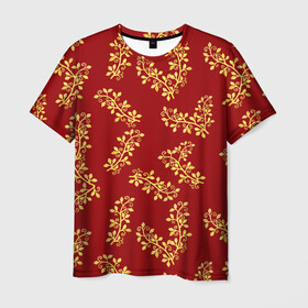 Мужская футболка 3D с принтом Золотые веточки на красном в Тюмени, 100% полиэфир | прямой крой, круглый вырез горловины, длина до линии бедер | 8 марта | flowers | summer | весна | веточки | золотой | лето | праздник | природа | растения | узор