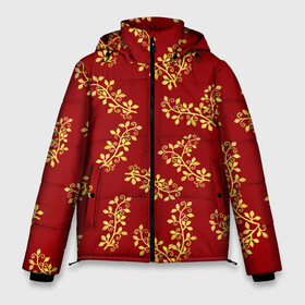 Мужская зимняя куртка 3D с принтом Золотые веточки на красном в Тюмени, верх — 100% полиэстер; подкладка — 100% полиэстер; утеплитель — 100% полиэстер | длина ниже бедра, свободный силуэт Оверсайз. Есть воротник-стойка, отстегивающийся капюшон и ветрозащитная планка. 

Боковые карманы с листочкой на кнопках и внутренний карман на молнии. | 8 марта | flowers | summer | весна | веточки | золотой | лето | праздник | природа | растения | узор