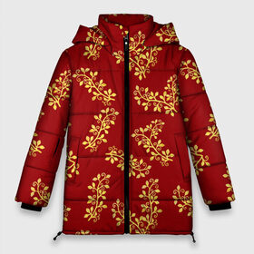 Женская зимняя куртка 3D с принтом Золотые веточки на красном в Тюмени, верх — 100% полиэстер; подкладка — 100% полиэстер; утеплитель — 100% полиэстер | длина ниже бедра, силуэт Оверсайз. Есть воротник-стойка, отстегивающийся капюшон и ветрозащитная планка. 

Боковые карманы с листочкой на кнопках и внутренний карман на молнии | 8 марта | flowers | summer | весна | веточки | золотой | лето | праздник | природа | растения | узор