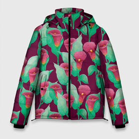 Мужская зимняя куртка 3D с принтом Каллы на вишневом фоне в Тюмени, верх — 100% полиэстер; подкладка — 100% полиэстер; утеплитель — 100% полиэстер | длина ниже бедра, свободный силуэт Оверсайз. Есть воротник-стойка, отстегивающийся капюшон и ветрозащитная планка. 

Боковые карманы с листочкой на кнопках и внутренний карман на молнии. | 8 марта | flowers | summer | весна | вишневый | зеленый | каллы | красный | лето | праздник | природа | растения | цветы