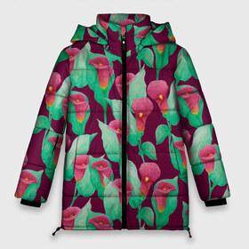 Женская зимняя куртка 3D с принтом Каллы на вишневом фоне в Тюмени, верх — 100% полиэстер; подкладка — 100% полиэстер; утеплитель — 100% полиэстер | длина ниже бедра, силуэт Оверсайз. Есть воротник-стойка, отстегивающийся капюшон и ветрозащитная планка. 

Боковые карманы с листочкой на кнопках и внутренний карман на молнии | 8 марта | flowers | summer | весна | вишневый | зеленый | каллы | красный | лето | праздник | природа | растения | цветы