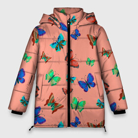 Женская зимняя куртка 3D с принтом Бабочки на персиковом фоне в Тюмени, верх — 100% полиэстер; подкладка — 100% полиэстер; утеплитель — 100% полиэстер | длина ниже бедра, силуэт Оверсайз. Есть воротник-стойка, отстегивающийся капюшон и ветрозащитная планка. 

Боковые карманы с листочкой на кнопках и внутренний карман на молнии | 8 марта | butterflies | summer | бабочки | весна | зеленый | красный | лето | насекомые | праздник | природа | синий