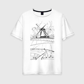 Женская футболка хлопок Oversize с принтом Мельница в Тюмени, 100% хлопок | свободный крой, круглый ворот, спущенный рукав, длина до линии бедер
 | долина | кот | мельница | поля | тропинка