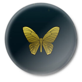Значок с принтом Butterfly в Тюмени,  металл | круглая форма, металлическая застежка в виде булавки | Тематика изображения на принте: бабочка | геомеирический | золотой | темный фон
