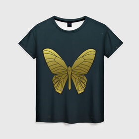 Женская футболка 3D с принтом Butterfly в Тюмени, 100% полиэфир ( синтетическое хлопкоподобное полотно) | прямой крой, круглый вырез горловины, длина до линии бедер | бабочка | геомеирический | золотой | темный фон