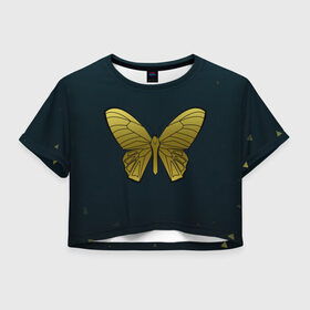 Женская футболка Crop-top 3D с принтом Butterfly в Тюмени, 100% полиэстер | круглая горловина, длина футболки до линии талии, рукава с отворотами | бабочка | геомеирический | золотой | темный фон