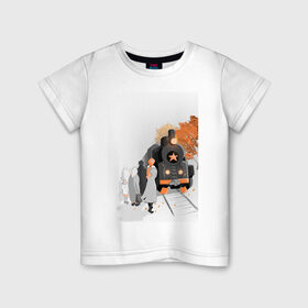 Детская футболка хлопок с принтом Осень в Тюмени, 100% хлопок | круглый вырез горловины, полуприлегающий силуэт, длина до линии бедер | Тематика изображения на принте: ветер | листья | люди | поезд