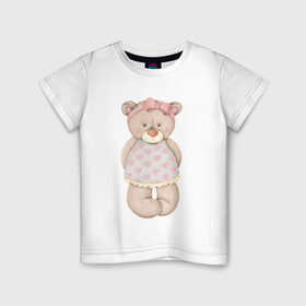 Детская футболка хлопок с принтом Мишка в платьишке в Тюмени, 100% хлопок | круглый вырез горловины, полуприлегающий силуэт, длина до линии бедер | Тематика изображения на принте: акварель | девушке | карандашом | косолапый | медведь