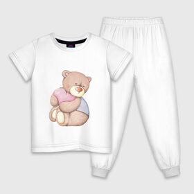 Детская пижама хлопок с принтом Мишка с сердечком в Тюмени, 100% хлопок |  брюки и футболка прямого кроя, без карманов, на брюках мягкая резинка на поясе и по низу штанин
 | акварель | карандашом | косолапый | медведь | сердечки
