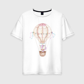 Женская футболка хлопок Oversize с принтом Единорожка в Тюмени, 100% хлопок | свободный крой, круглый ворот, спущенный рукав, длина до линии бедер
 | акварель | единорог | карандаши | нежность | шар воздушный