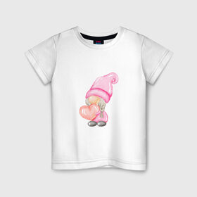 Детская футболка хлопок с принтом Гномик-девочка в Тюмени, 100% хлопок | круглый вырез горловины, полуприлегающий силуэт, длина до линии бедер | Тематика изображения на принте: влюбленные | гномик | день валентина | парные | парочки | розовый | сердечко | шарик