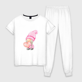 Женская пижама хлопок с принтом Гномик-девочка в Тюмени, 100% хлопок | брюки и футболка прямого кроя, без карманов, на брюках мягкая резинка на поясе и по низу штанин | влюбленные | гномик | день валентина | парные | парочки | розовый | сердечко | шарик