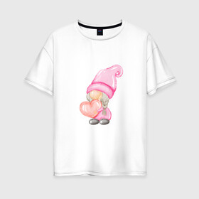 Женская футболка хлопок Oversize с принтом Гномик-девочка в Тюмени, 100% хлопок | свободный крой, круглый ворот, спущенный рукав, длина до линии бедер
 | Тематика изображения на принте: влюбленные | гномик | день валентина | парные | парочки | розовый | сердечко | шарик