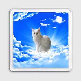 Магнит 55*55 с принтом Кот в облаках в Тюмени, Пластик | Размер: 65*65 мм; Размер печати: 55*55 мм | animals | cat | kitty | ангел | белый кот | блики | взгляд кота | глаза кота | животные | киска | кот | котейка | котенок | котик | кошак | кошка | лучи | мордочка | небесный | небо | облака | пейзаж | питомец