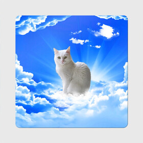 Магнит виниловый Квадрат с принтом Кот в облаках в Тюмени, полимерный материал с магнитным слоем | размер 9*9 см, закругленные углы | animals | cat | kitty | ангел | белый кот | блики | взгляд кота | глаза кота | животные | киска | кот | котейка | котенок | котик | кошак | кошка | лучи | мордочка | небесный | небо | облака | пейзаж | питомец