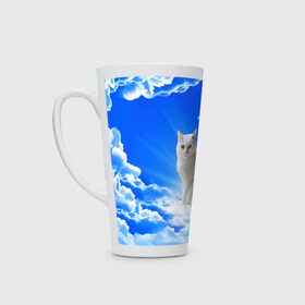 Кружка Латте с принтом Кот в облаках в Тюмени, Белая керамика | Объем 480 мл; Высота 150 мм; Диаметр 90 мм | animals | cat | kitty | ангел | белый кот | блики | взгляд кота | глаза кота | животные | киска | кот | котейка | котенок | котик | кошак | кошка | лучи | мордочка | небесный | небо | облака | пейзаж | питомец