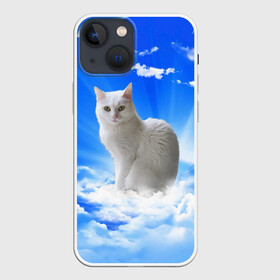 Чехол для iPhone 13 mini с принтом Кот в облаках в Тюмени,  |  | Тематика изображения на принте: animals | cat | kitty | ангел | белый кот | блики | взгляд кота | глаза кота | животные | киска | кот | котейка | котенок | котик | кошак | кошка | лучи | мордочка | небесный | небо | облака | пейзаж | питомец