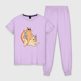 Женская пижама хлопок с принтом Кот верхом на мопсе единороге в Тюмени, 100% хлопок | брюки и футболка прямого кроя, без карманов, на брюках мягкая резинка на поясе и по низу штанин | Тематика изображения на принте: cat | cool cat | cute | galaxy | pug | pugs | rainbow | space | stars | бульдог | бульдожка | галактика | звезды | космический | космос | кошка | крутой кот | милые | милый | мопс | мопсик | на радуге | очки | прикол | радуга
